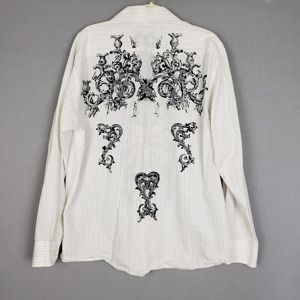 Y2K‎ Tattoo Print Button Up Shirt White Black Fleur De Lis Rocker Men's Size L
